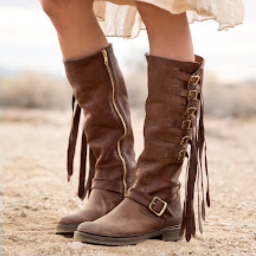 $599 Frye Veronica Strap Tall Brown Leather Fringe Moto Belted Knee High Boots